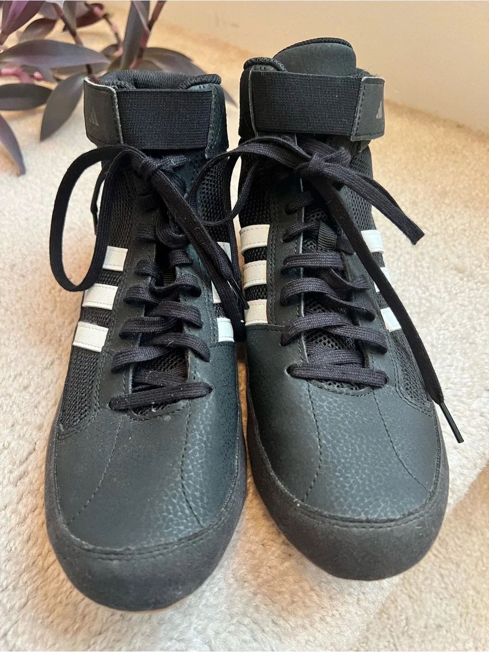 Adidas Black HVC High-Top Lace-Up Wrestling Shoes w/ White Stripes Ankle Strap